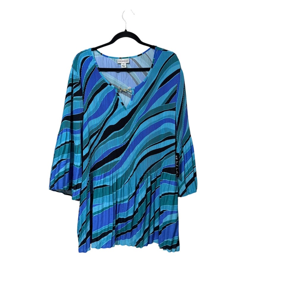 Catherines Womens 4X Blue Abstract Wave Pleated Tunic 3/4 Bell Sleeve Top - Picture 2 of 8